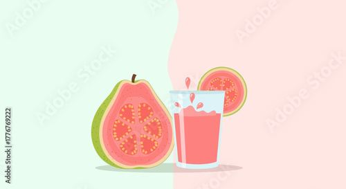 Freshly Sliced Guava Fruit Next To A Refreshing Glass Of Tropical Juice