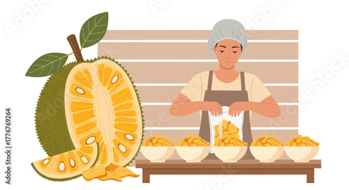Freshly Sliced Jackfruit with a Worker Packaging Delicious Crispy Jackfruit Chips Illustration