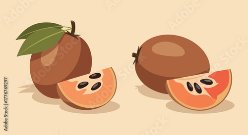 Freshly Sliced And Whole Sapodilla Fruit With Vibrant Leaves On Creamy Backdrop