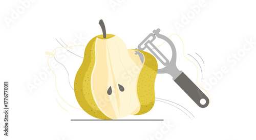 Freshly Sliced Pear Being Peeled With a Precision Peeler, Artistic Depiction of Fruit