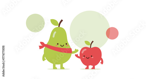 Friendly Fruits: An Adorable Pear and Apple with Cheerful Expressions and Circles Present