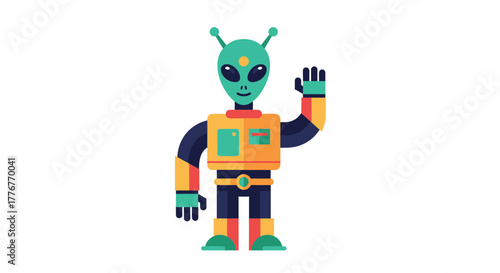 Friendly Green Cartoon Alien With Open Arm In Retro Geometric Style Illustration