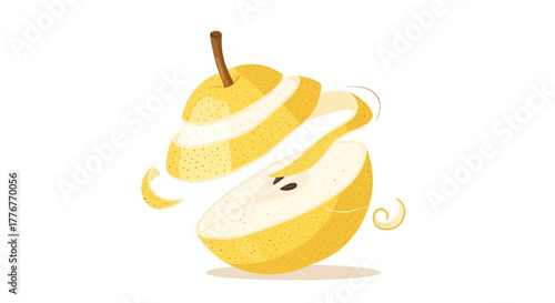 Freshly Sliced Pear Isolated on White, Modern Artistic Fruit Illustration Design