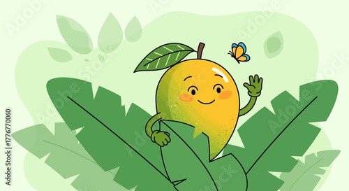 Friendly Mango Character with Cheerful Expression and Butterfly in Tropical Environment