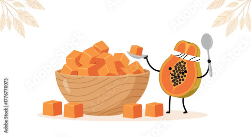 Friendly Papaya Cartoon Presenting Cubed Fruit in A Wooden Bowl with Spoon