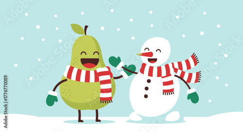 Friendly Pear And Smiling Snowman Celebrating Winter Joyfully Amongst Snowflakes