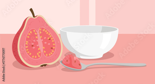 Freshly Sliced Pink Guava Fruit with White Bowl, Spoon, and Delicious Fruity Feast