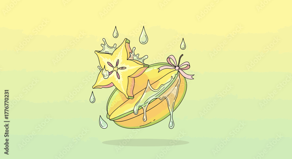 Fototapeta premium Freshly Sliced Star Fruit with Water Droplets on a Yellow and Green Gradient Background