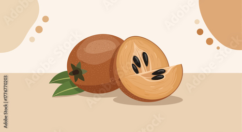 Freshly Sliced Sapodilla and Whole Fruit Illustration with Leaves and Brown Hues