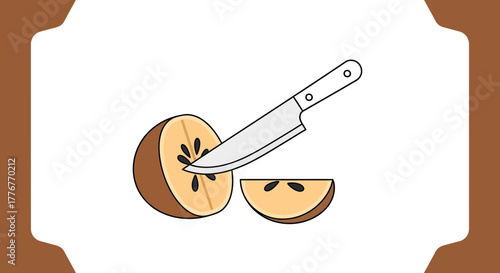 Freshly Sliced Sapodilla Fruit With A Knife Isolated Against A White Background