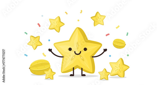 Friendly Smiling Carambola Cartoon Character Surrounded By Stars And Confetti