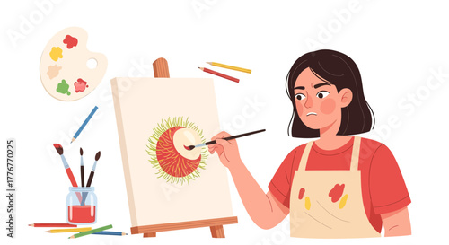Frustrated Artist Painting Tropical Fruit On A Canvas Using Paintbrush And Colors