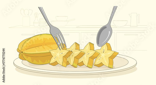 Freshly Sliced Starfruit Prepared And Ready To Be Eaten On A Plate In The Kitchen