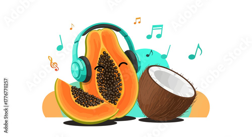 Fun Papaya And Coconut Listening To Music, Modern Design With Colorful Notes