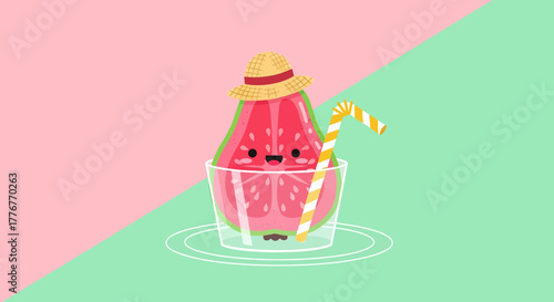 Fun Summer Fruit Character With Hat and Drink in Glass Cute Vibrant Cartoon