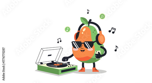 Funky Fruit Dj: Animated Illustration Featuring a Pear with Sunglasses Playing Vinyl Music