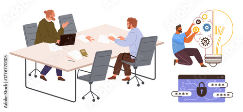 Professionals discussing at a table, depicted with ideas, gears, and a secure password system. Ideal for teamwork, innovation, brainstorming, creativity, cybersecurity problem-solving simple flat