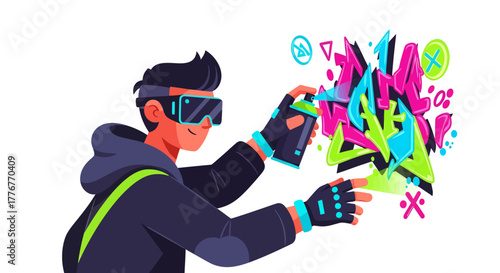 Futuristic Artist Graffitiing A Vibrant Design With Augmented Reality Goggles Concept