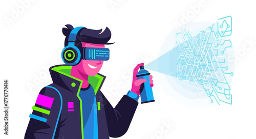 Futuristic Artist Wearing Vr Headset Creating Digital Art With A Spray Can