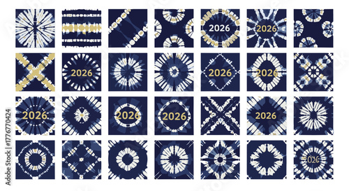Collection of tiedye patterns in indigo and white, 2026 motifs