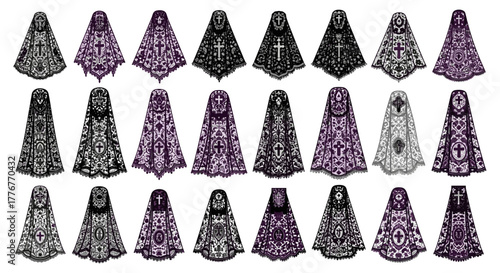 Collection of ornate veils with crosses and floral patterns