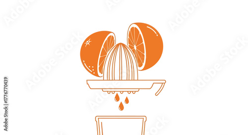 Freshly Squeezed Orange Juice Illustration Featuring a Citrus Juicer and Orange Halves
