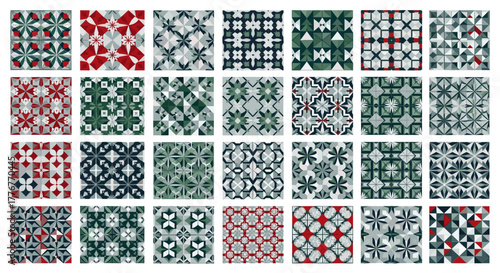 Collection of 30 geometric tile patterns in red, green, and grey