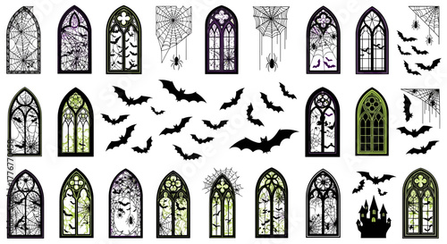 Gothic arched windows with bats and spiderwebs
