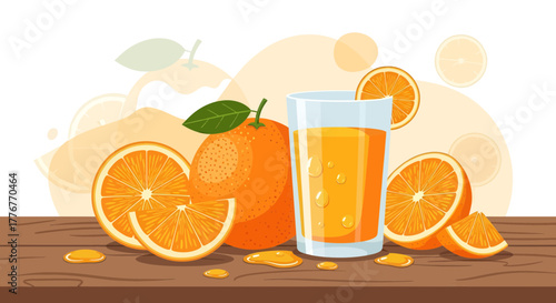 Freshly Squeezed Orange Juice, Citrus Arrangement, Morning Refreshment, Tropical Drink Illustration