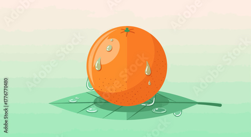 Freshly Squeezed Orange with Water Droplets on a Vibrant Green Leaf and Greenish Background