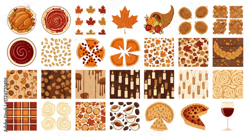 Collection of autumn and thanksgiving food and decorative elements