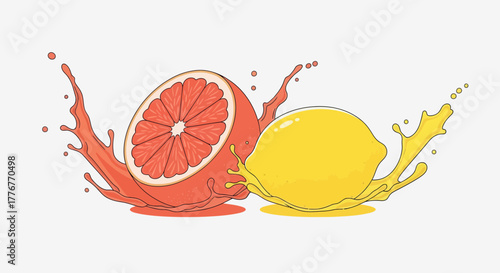 Freshness Burst: Vibrant Citrus Fruits Splashing Juice, Artwork Illustration Isolated