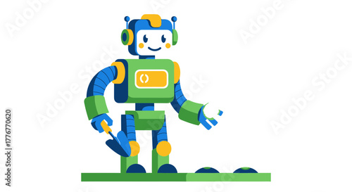 Friendly Bot Character Illustration Engaged in Automated Operations and Tasks