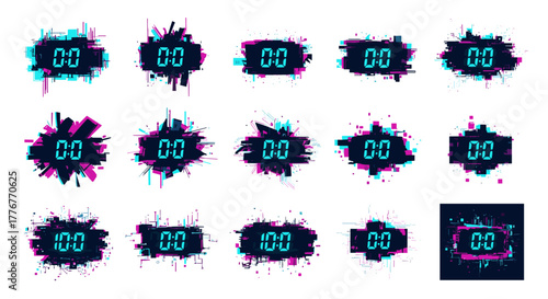 Digital timer displays with glitch effect and abstract paint splatters