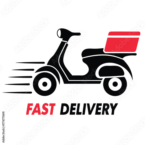 A black delivery scooter with a red container speeds swiftly for fast services