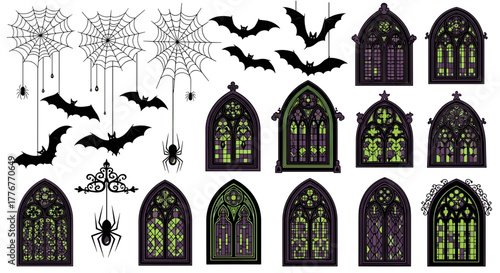 Gothic windows, bats, and spiderwebs for halloween decoration