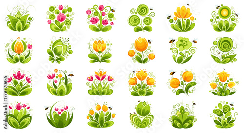 Collection of stylized green plants and flowers