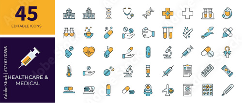 Set of 45 editable healthcare and medical icons