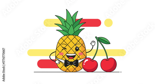 Friendly Cartoon Pineapple Winking and Waving With Cherries Illustration