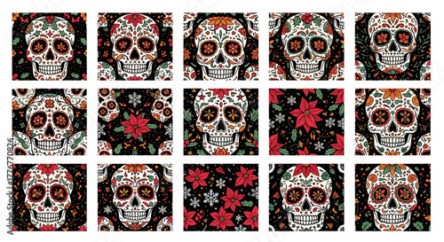 Day of the dead sugar skull pattern with floral elements