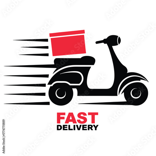 A black scooter, with red package, speeds quickly to deliver a quick order