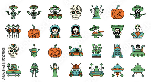Day of the dead and alien themed icons