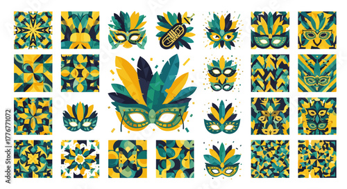 Mardi gras mask and pattern collection in green and yellow