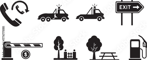 Travel and service icons collection: phone, tow truck, exit, park