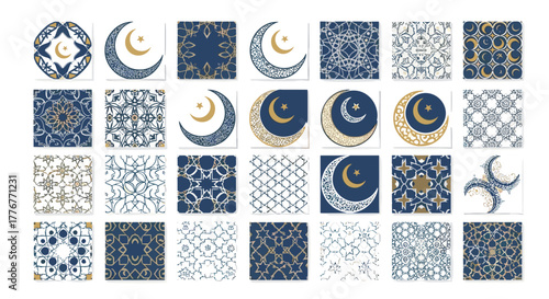 Collection of islamic crescent moon and star patterns and motifs