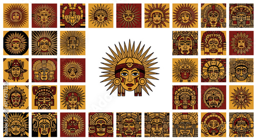 Collection of aztec sun god masks and symbols in a collage