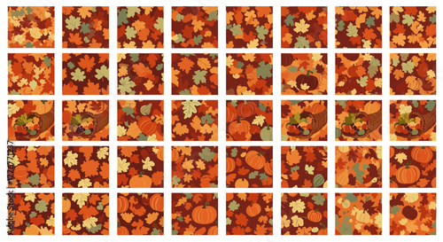 Autumn leaves pattern with pumpkins and gourds on a