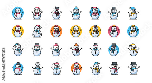 Collection of cute snowmen with hats and scarves