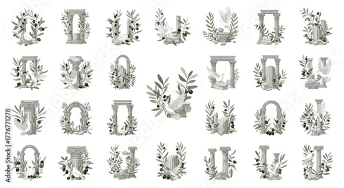 Collection of ancient architectural elements with floral accents