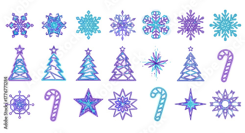 Collection of sparkling blue and purple christmas ornaments
